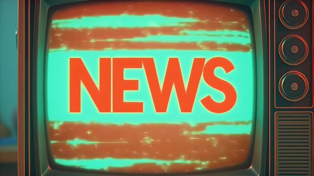 Retro 4K looping glitch animation spelling &ldquo;NEWS&rdquo; pixellated font CRT screen rainbow static bursts VHS tracking lines adding vibrant nostalgia broadcast openers journalism podcasts cyber punk