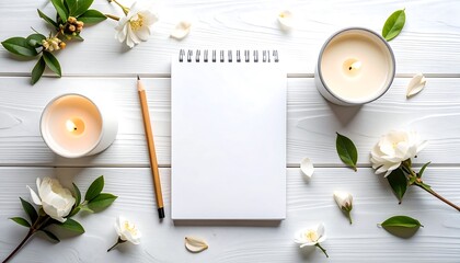 White flowers, candles, and notebook on a white wooden surface
