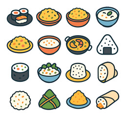 Rice Dish Scene modern flat style . sushi plate, risotto dish, biryani bowl, rice porridge bowl, fried rice plate, rice pudding bowl, paella pan, onigiri triangle, rice