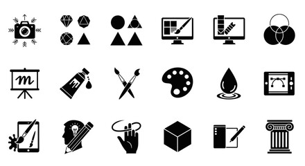 A Set of 16 Black and White Icons Representing Photography, Graphic Design, and Art Concepts