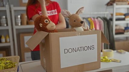 Woman organizing donations in charity room with stuffed animals in box, wearing volunteer shirt,...