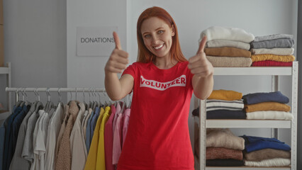 Woman volunteering enthusiastically in a charity donation center, wearing a red shirt, gesturing...