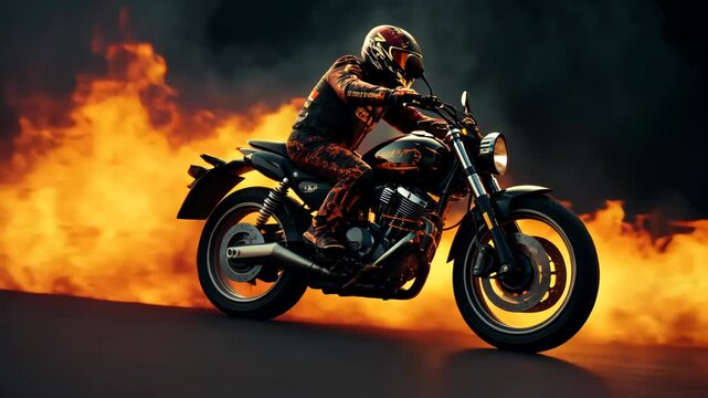 Action shot with man riding away from explosion on bike. Dynamic scene with fire in action movie blockbuster style