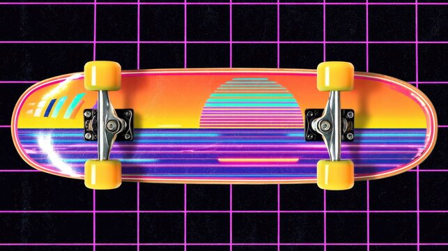 Retro skateboard with vibrant sunset graphic on a grid background