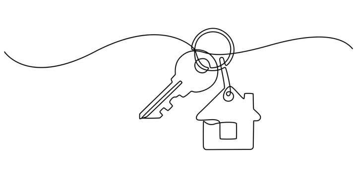 Continuous one line art drawing symbol of house keys, Simple key house outline drawing illustration. one continuous line drawing of Key house, A keychain house, Minimalistic icon, Real Estate Line.