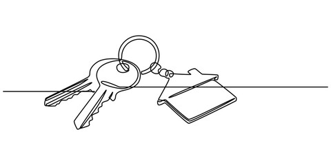 Continuous one line art drawing symbol of house keys, Simple key house outline drawing illustration. one continuous line drawing of Key house, A keychain house, Minimalistic icon, Real Estate Line.