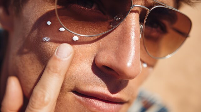 Close-up of hands applying white sunscreen onto a young traveler's cheek, with sun-bleached sand in the background.