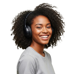 Smiling woman with headphones isolated on transparent background
