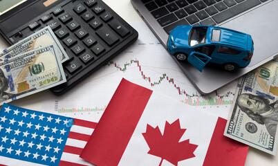 flags of the USA and Canada, dollars, charts
