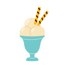 Delicious dessert featuring three scoops of ice cream topped with wafer sticks in a stylish bowl