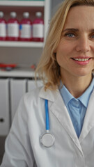Blonde woman in a clinic wearing a lab coat, stethoscope, and smiling, with medicine bottles in the...