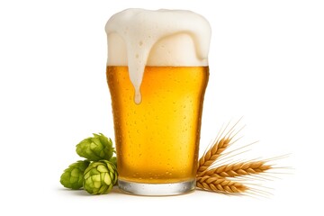 Golden Lager Beer with Foamy Head, Hops, and Wheat Grains - Refreshing Craft Brew