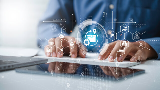 Green logistic concept to sustainable transport. Business use ai technology to logistics freight transportation import export to control tracking cargo delivery distribution. Management supply chain - Powered by Adobe