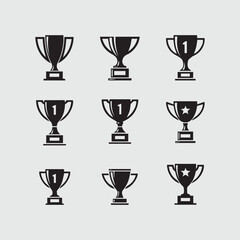 Collection of nine black trophy icons representing first place and achievements