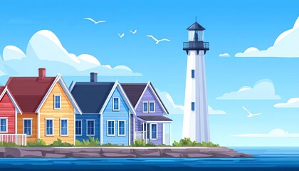 A colorful seaside lighthouse with charming, vibrant houses.