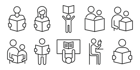 Student and person reading Line icon set. People Reading Book outline Set. Education Concepts. Study, Education, Knowledge Icon Pack Book Lover.