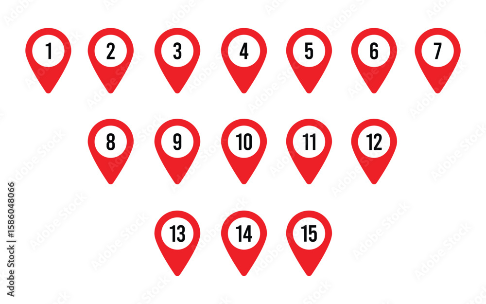Aufkleber set of location pin icon with red map markers numbered from one to fifteen. navigation, travel guide