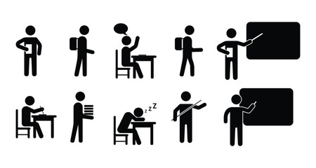 Education icon set, Black Flat Symbol Set of School, Teacher, Student, and Education Icons for Classroom and Learning Design. study lecture course signs vector illustration