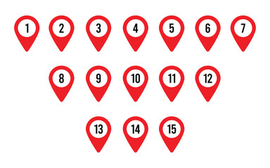 Set of Location pin icon with red map markers numbered from one to fifteen. Navigation, Travel Guides, Infographics, and GPS Vector Design.