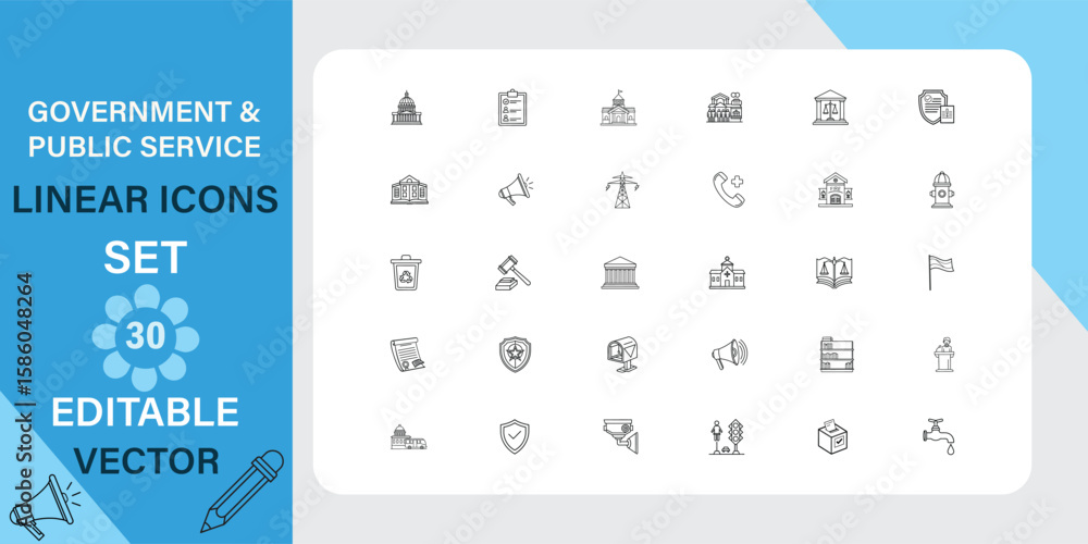 Poster government and public service linear icons set for design projects