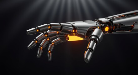 Fototapeta premium Close up of a futuristic metallic robotic hand with glowing orange accents