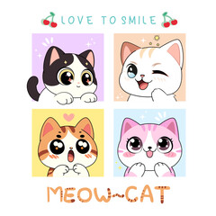 Colorful vector illustration featuring four adorable cartoon cat faces in kawaii style. Perfect for children’s clothing, stickers, notebooks, phone cases, and print products.
