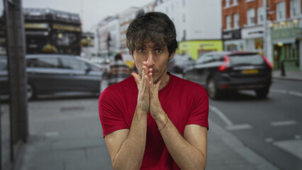 Young man in red t-shirt claps hands on busy city street with tense expression and pursed lips...