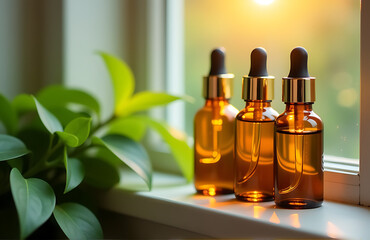 warm golden light illuminates serene windowsill scene featuring three delicate amber glass serum bottles ornate gold dropper caps