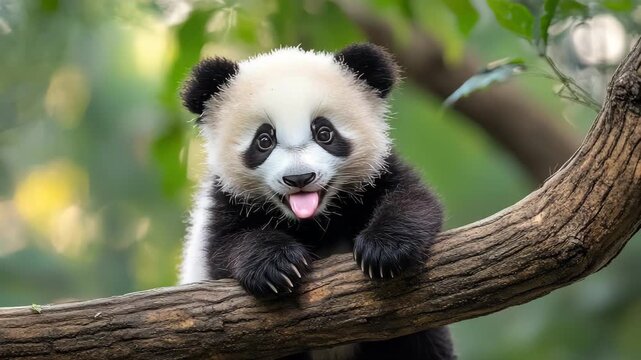 Playful Panda Cub on Tree Branch