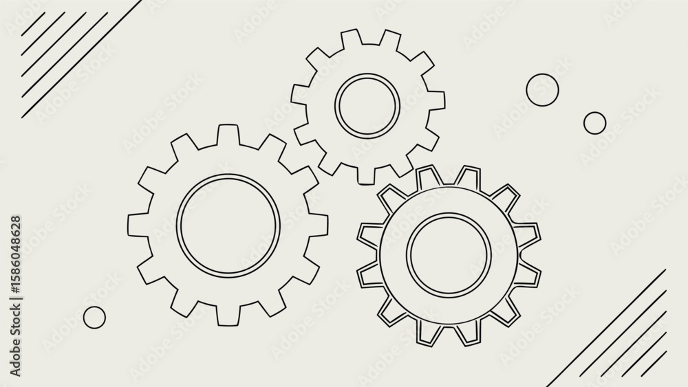 Poster three interlocking gears in a simple line drawing on a light background