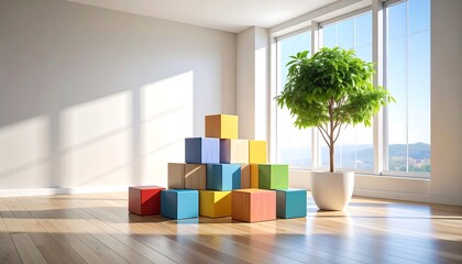 Colorful blocks pyramid in a sunlit room