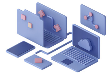 Isometric view of a network of computers and devices connected by cables, with a white background and pastel colors, cloud computing and data transfer