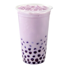 Taro milk tea in a clear cup with tapioca pearls, pastel purple drink color, condensation droplets, studio-lit image. isolated on a transparent background