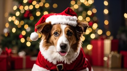 A brown and white dog dressed in a Santa Claus outfit, adorned with a hat and coat, posed in front of a Christmas tree - Powered by Adobe