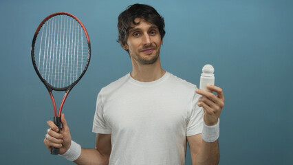 Young man holds racket and a roll on deodorant while subtly smiling against blue studio wall;...