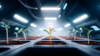 A captivating indoor farm tray showcasing seed cotyledons unfurling under controlled light, highlighting growth and sustainability.