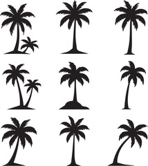 Nine palm tree silhouettes arranged in a light background in a vector style