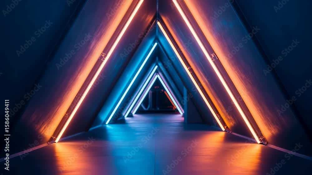 Poster modern passageway illuminated by vivid neon highlights and sharp angles.