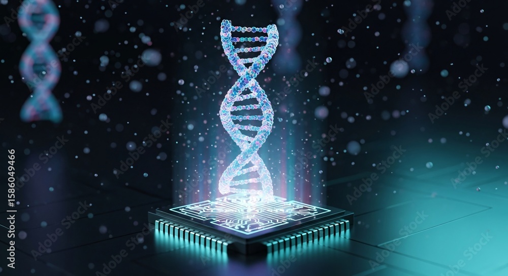 Poster abstract dna double helix emerging from a microchip, representing genetic engineering and biotechnol