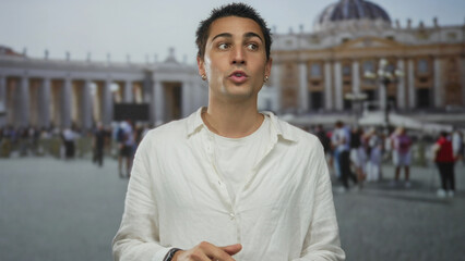 Young hispanic man in white shirt using smartphone in san pedro square at the vatican.
