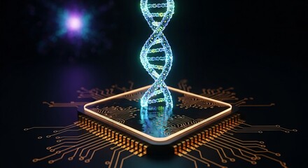 Glowing DNA double helix structure merging with a powerful microchip, symbolizing genetic engineering and artificial intelligence advancement.