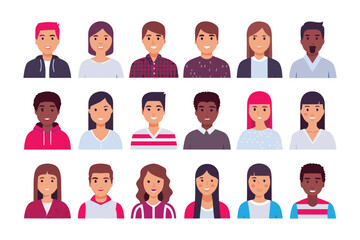 Digital Avatars of Diverse Individuals: A collection of digitally rendered avatars showcases a diverse range of faces, representing different ethnicities, genders, and expressions.