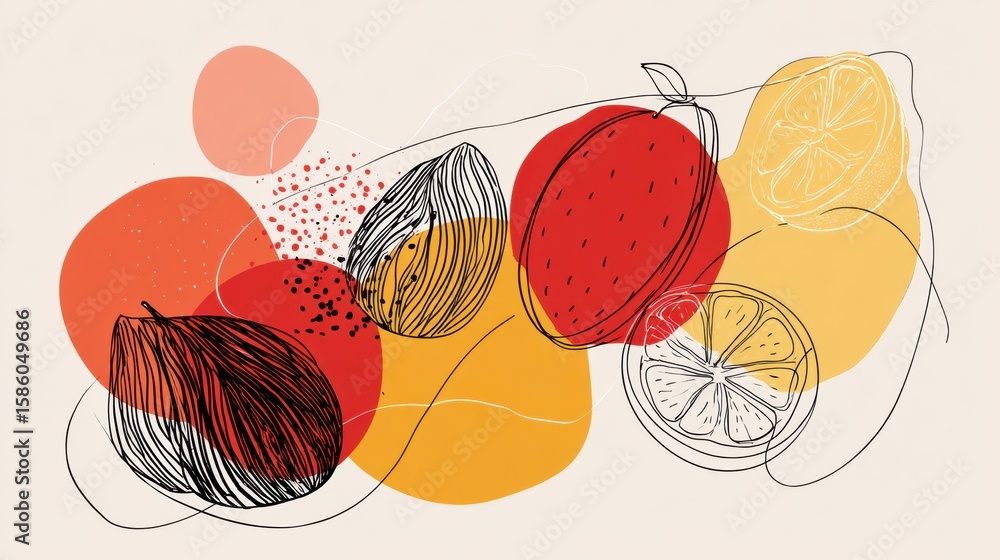 Poster modern abstract lineart depicting various fruits in bold colors with a minimalist style and simple b