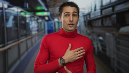 Naklejka premium Young man wearing a red shirt gestures expressively onboard a cruise ship, with blurred railings and nautical equipment in the background, capturing a lively seaside moment.