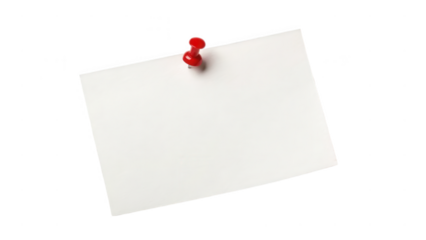 Blank white paper note held by a red pushpin isolated on transparent background