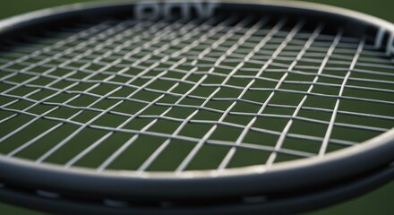 Close-Up of Tennis Racket Strings Against Green Background, Sport Equipment Detail