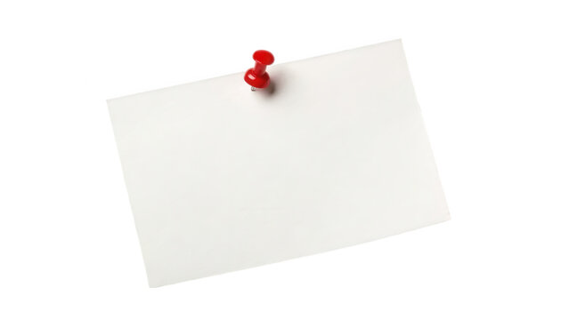 Blank white paper note held by a red pushpin isolated on transparent background