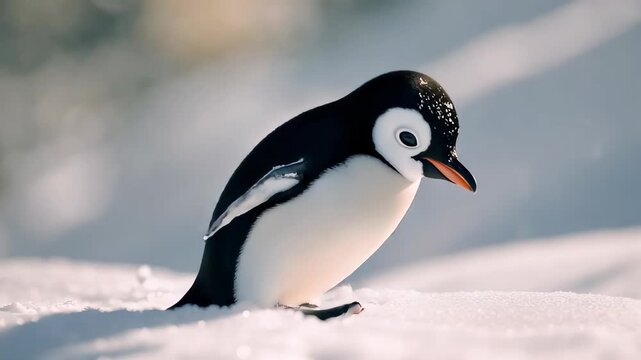 Playful Penguin Chick Flapping Wings in Snowy Landscape
