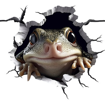 Sticker 3D d'Adorable Grenouille Sortant d'un Mur Craquel&eacute; &ndash; Illustration Enfantine et Amusante