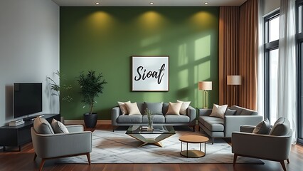 Contemporary living room featuring a green accent wall and elegant furniture, exuding sophistication.